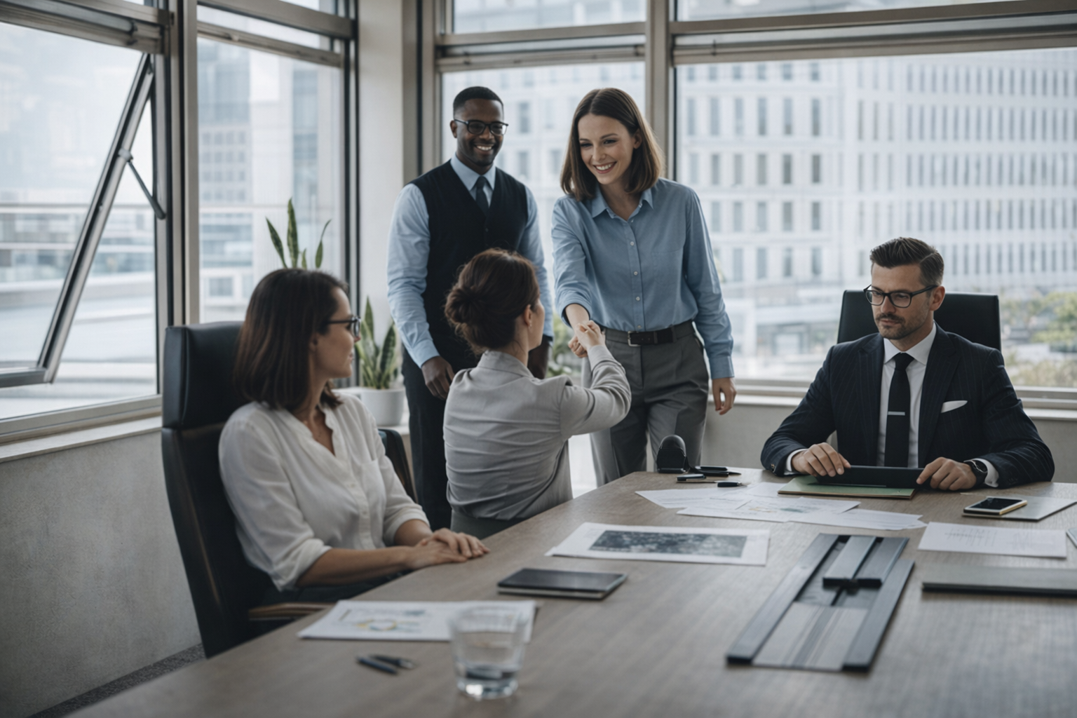 Business professionals discussing insurance in a meeting