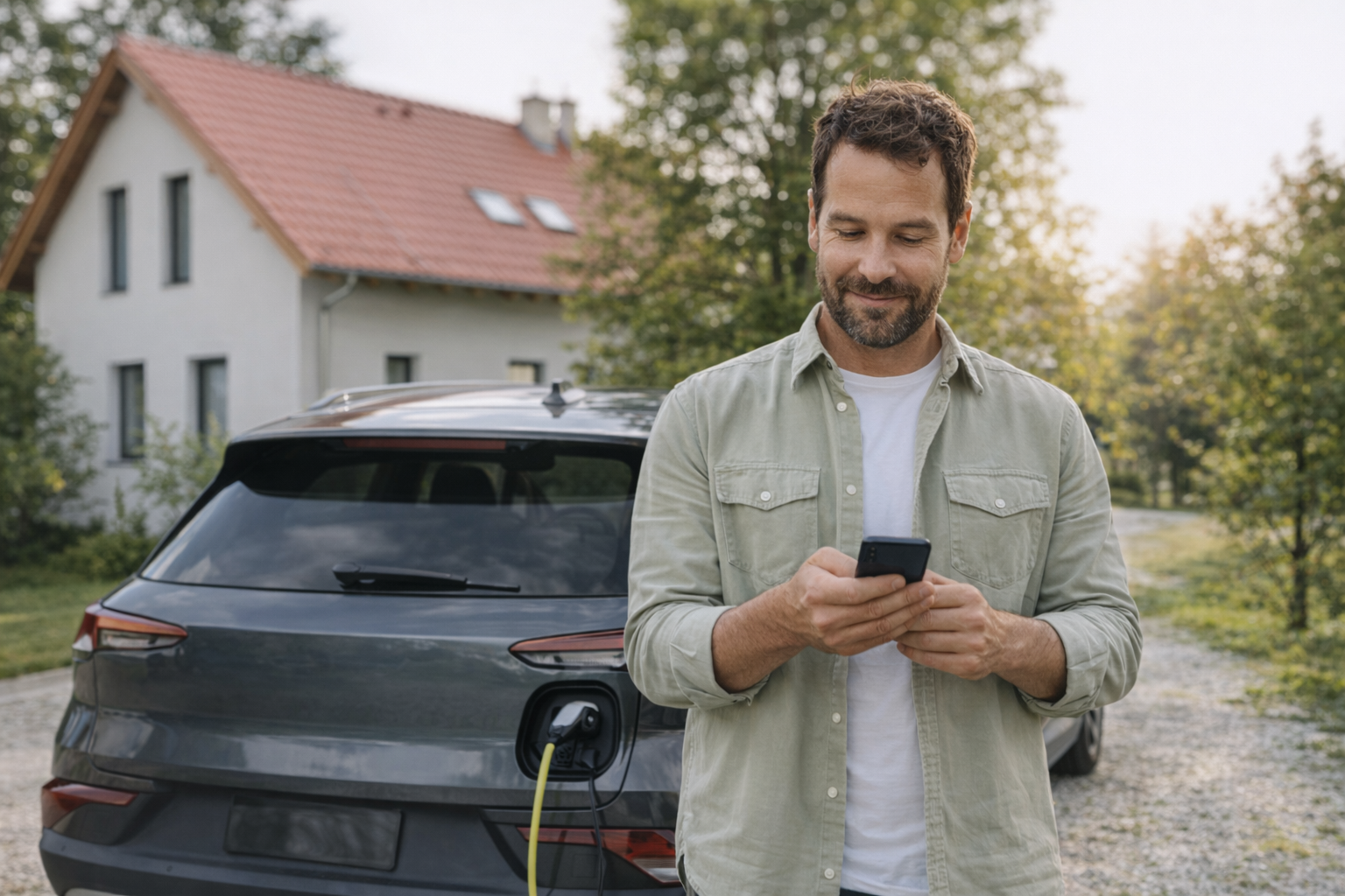 Driver using a phone near an electric vehicle charger