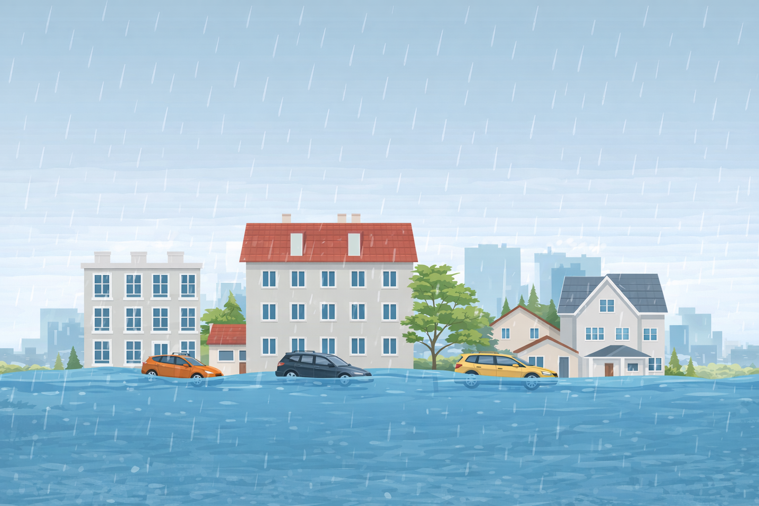 Illustration of homes and cars during a flood