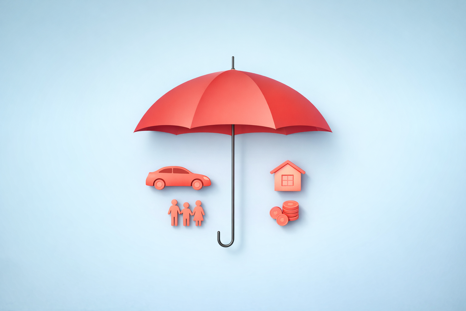 Umbrella protecting home, auto, family, and savings icons