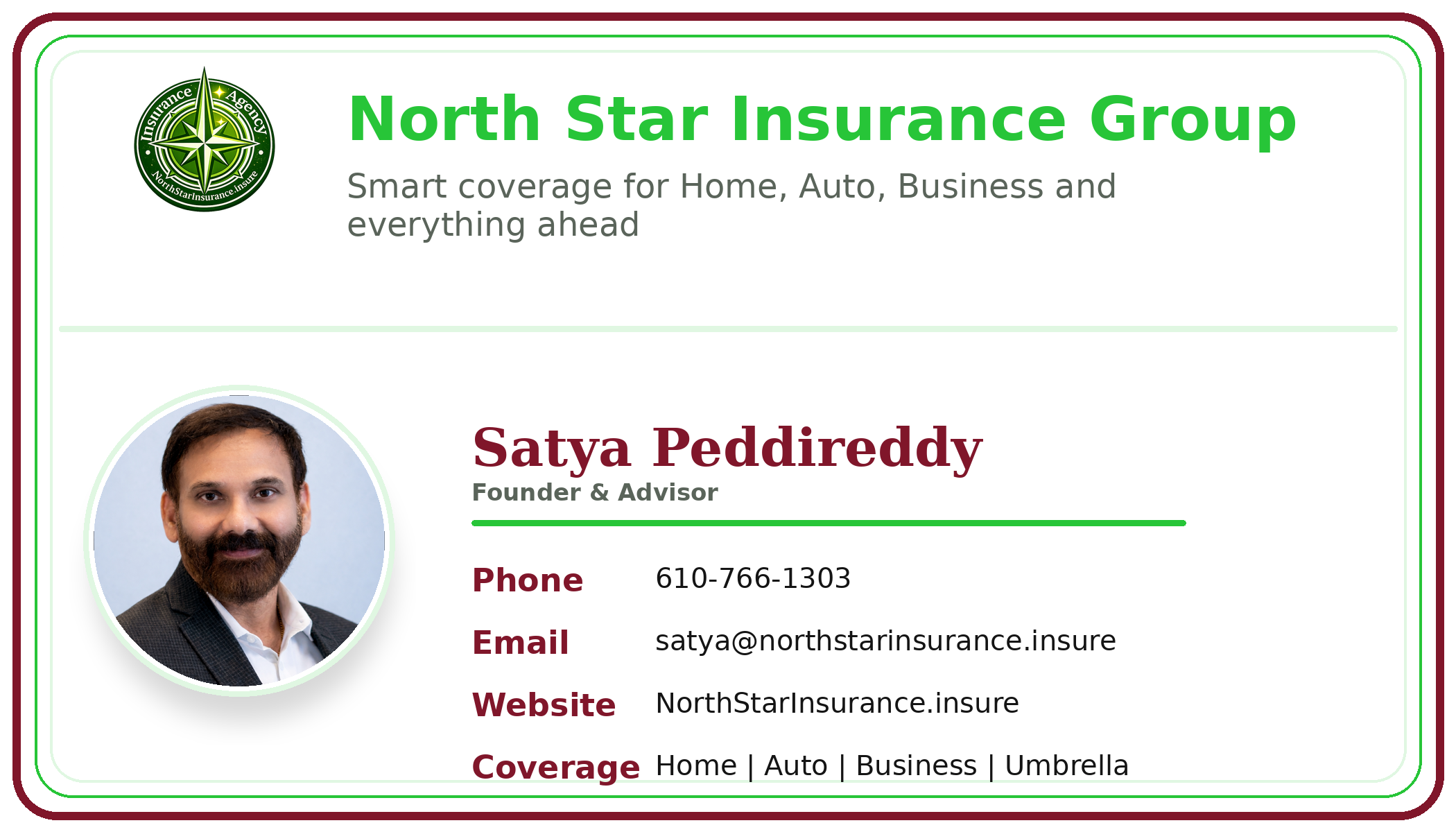 Visiting card for Satya Peddireddy, Founder and Advisor